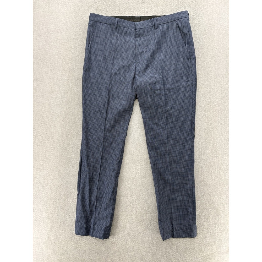 Hugo Boss Suit Pants Mens 32R 34x29 Blue Check Wool Slim Fit Tapered Leg Office